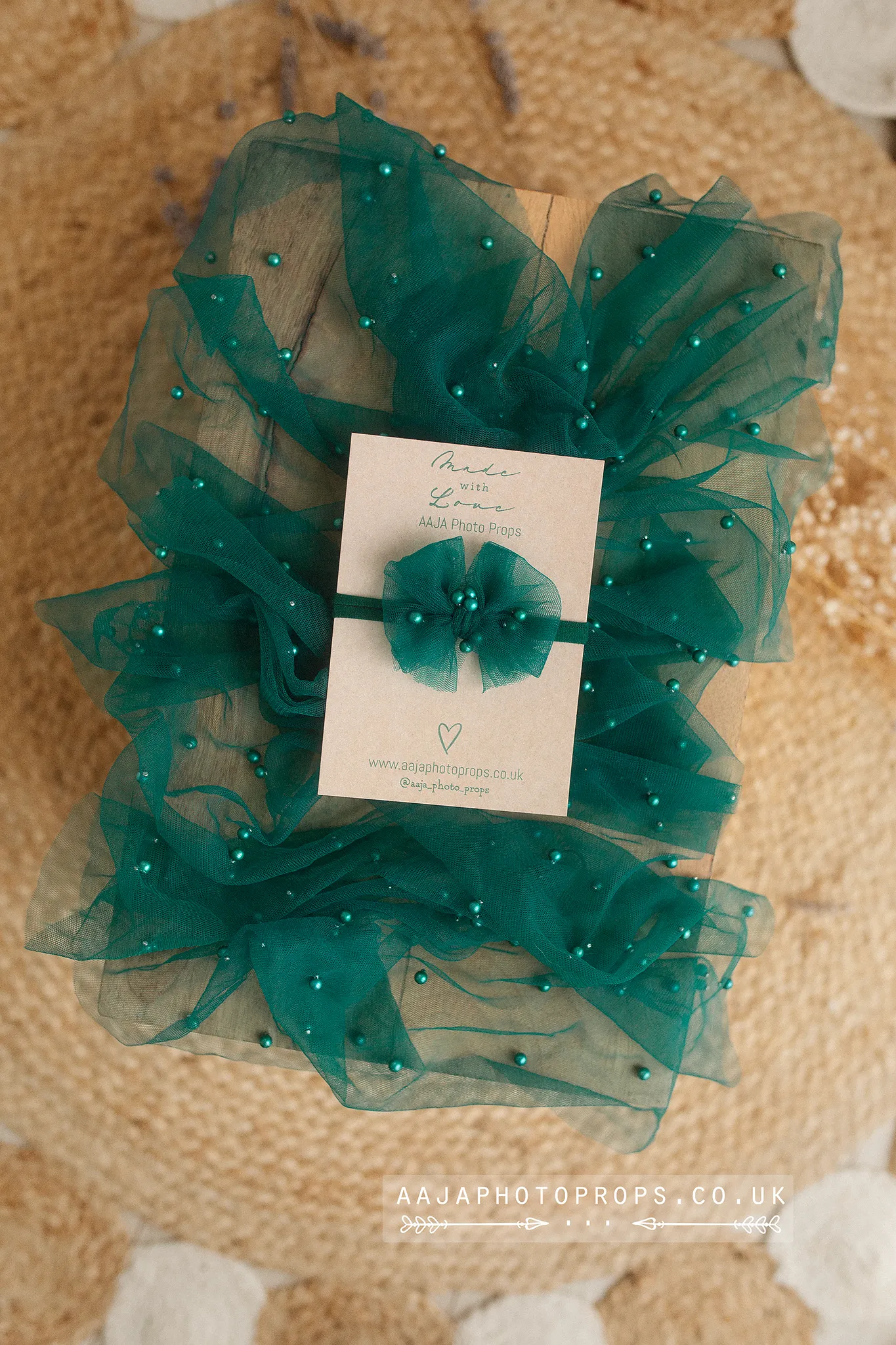 Beaded layer and bow tieback, teal green, RTS