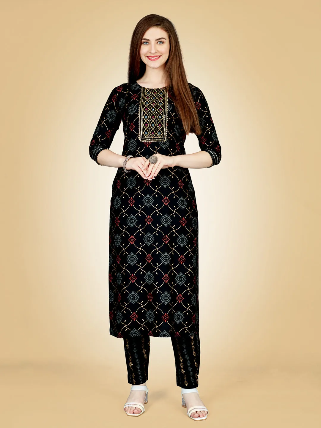 Black Heavy Rayon Cotton with Embroidery Work Kurti Set
