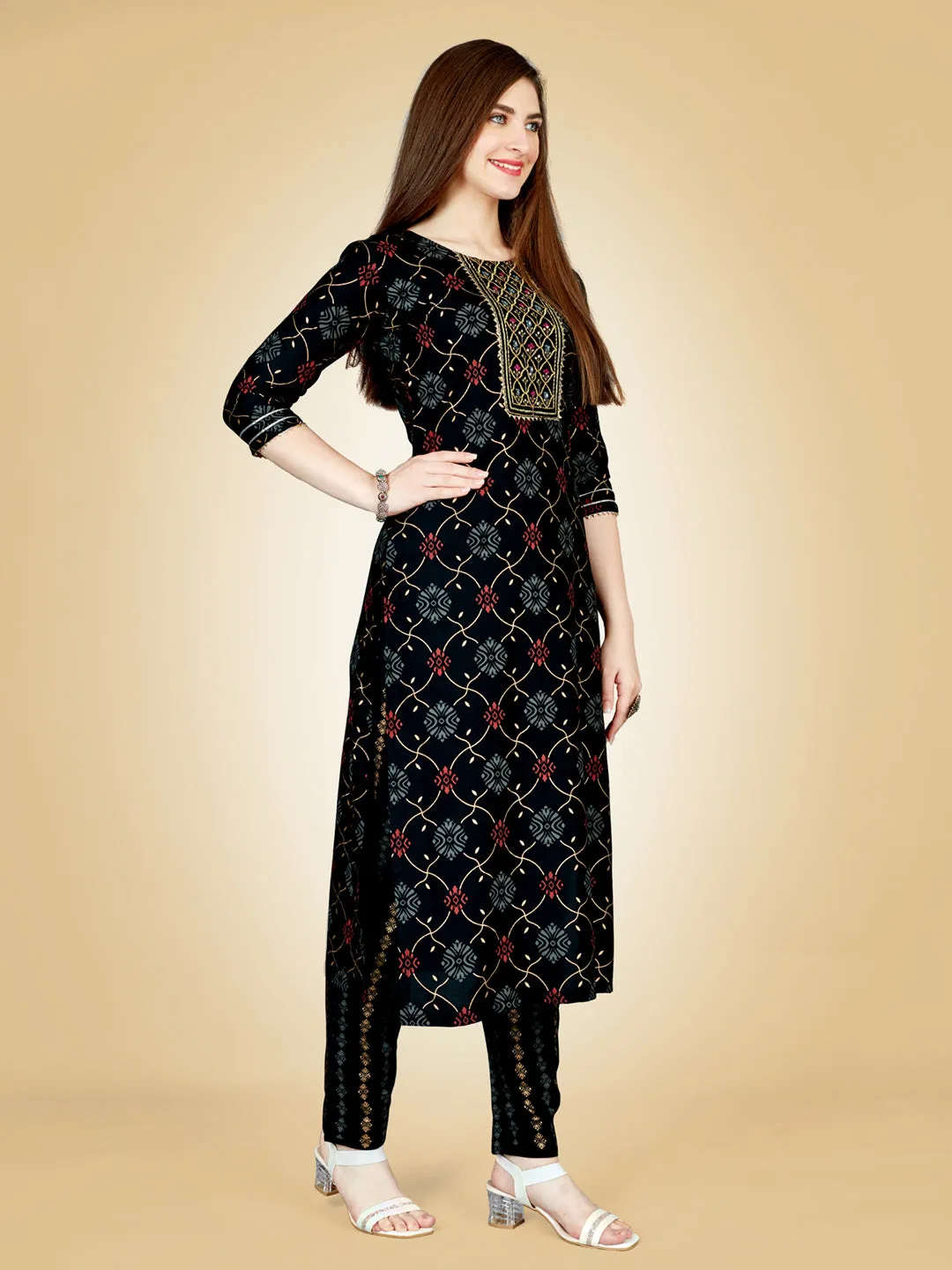 Black Heavy Rayon Cotton with Embroidery Work Kurti Set