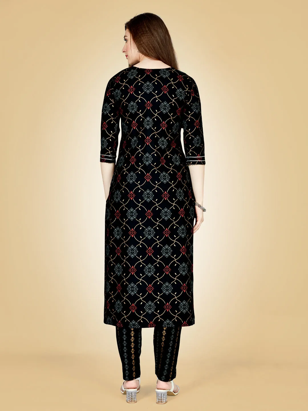 Black Heavy Rayon Cotton with Embroidery Work Kurti Set