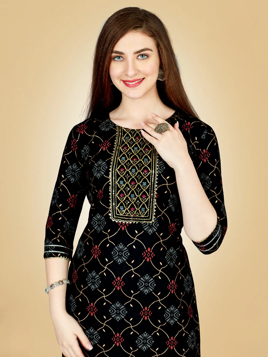Black Heavy Rayon Cotton with Embroidery Work Kurti Set