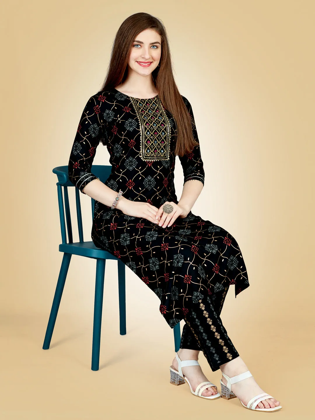 Black Heavy Rayon Cotton with Embroidery Work Kurti Set
