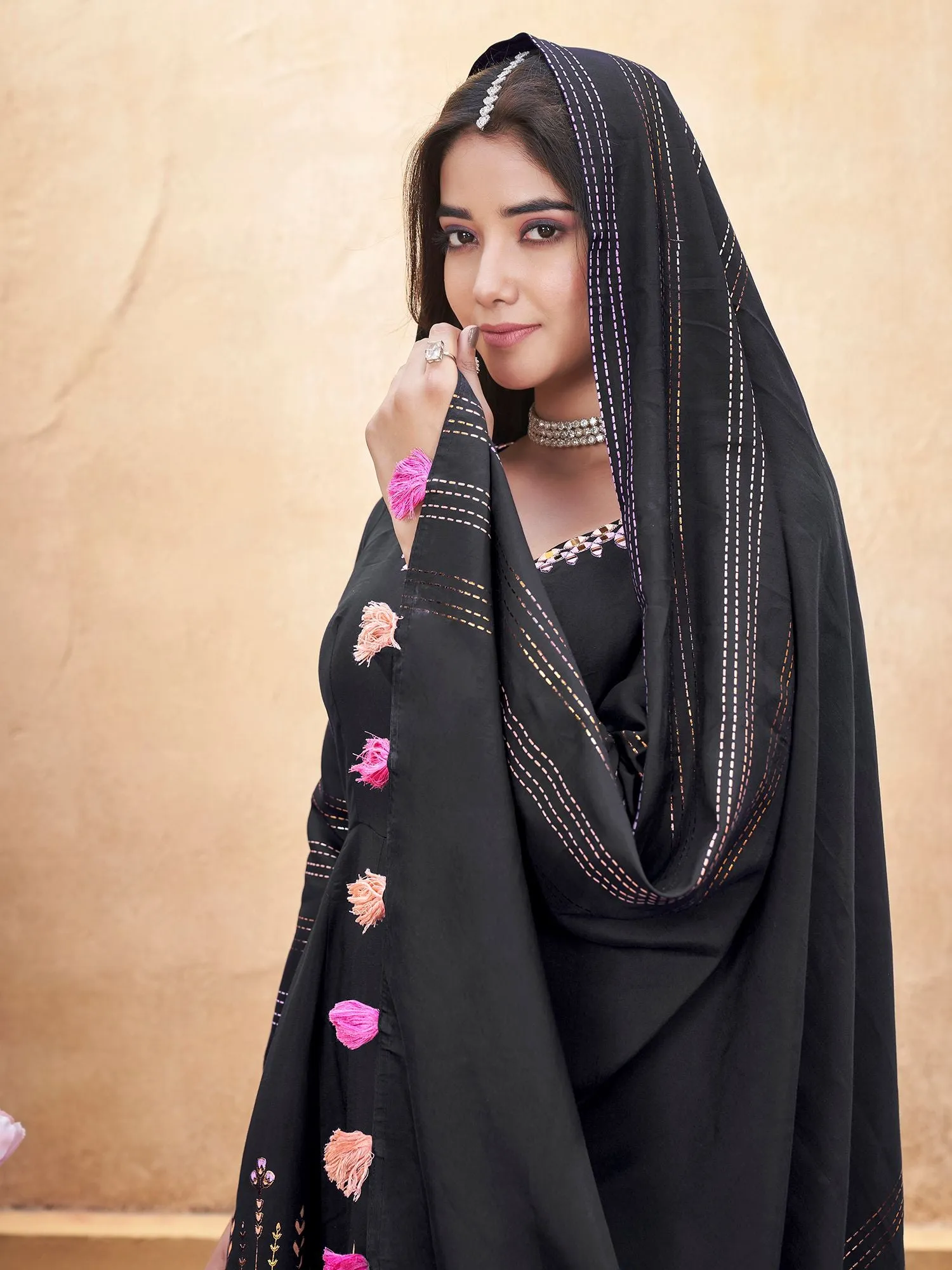 Black Silk Readymade Salwar Suit With Foil Print, Mirror And Thread Work Anarkali Salwar Suit