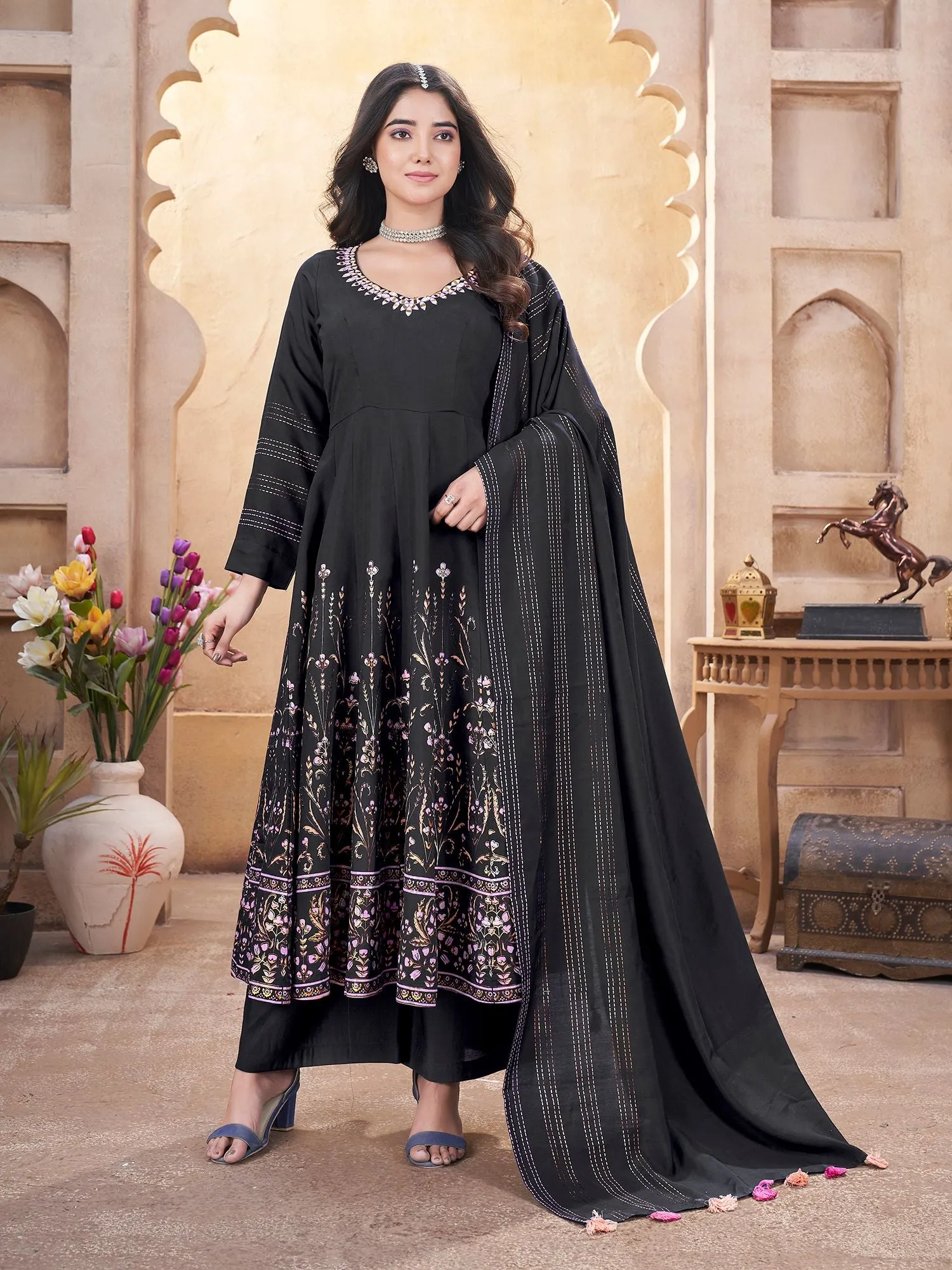 Black Silk Readymade Salwar Suit With Foil Print, Mirror And Thread Work Anarkali Salwar Suit