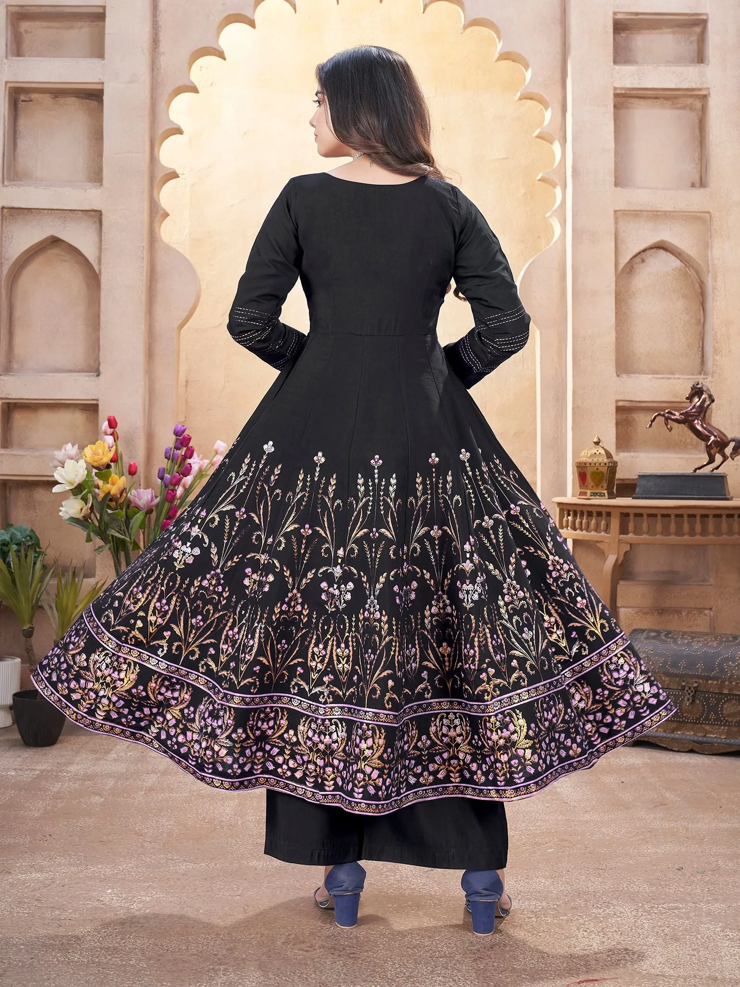 Black Silk Readymade Salwar Suit With Foil Print, Mirror And Thread Work Anarkali Salwar Suit