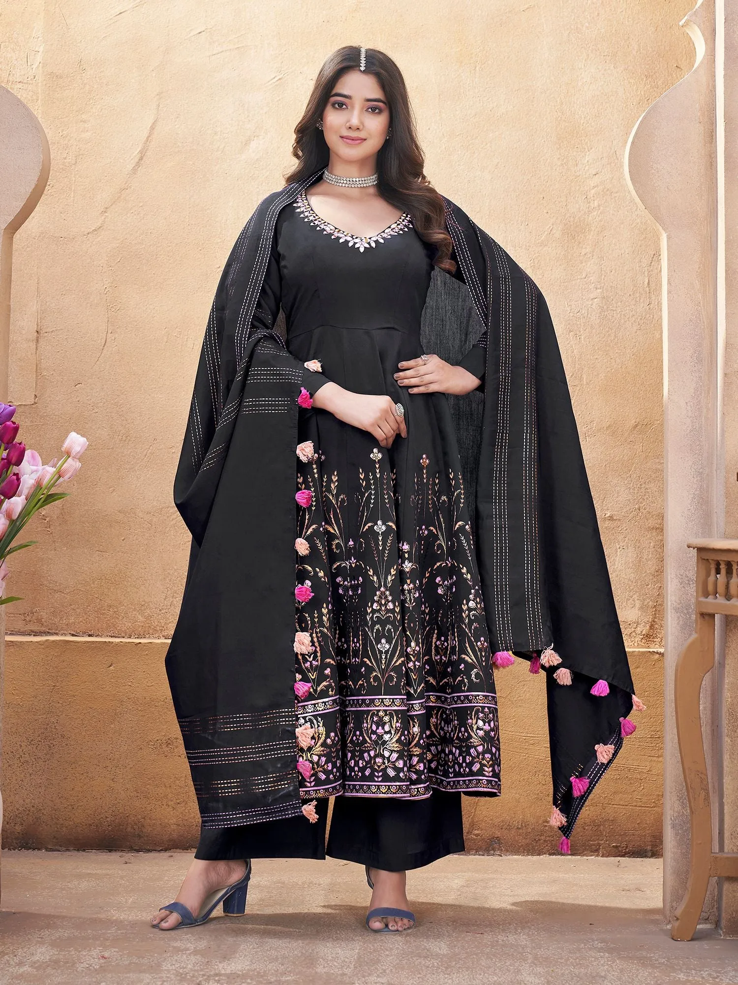 Black Silk Readymade Salwar Suit With Foil Print, Mirror And Thread Work Anarkali Salwar Suit