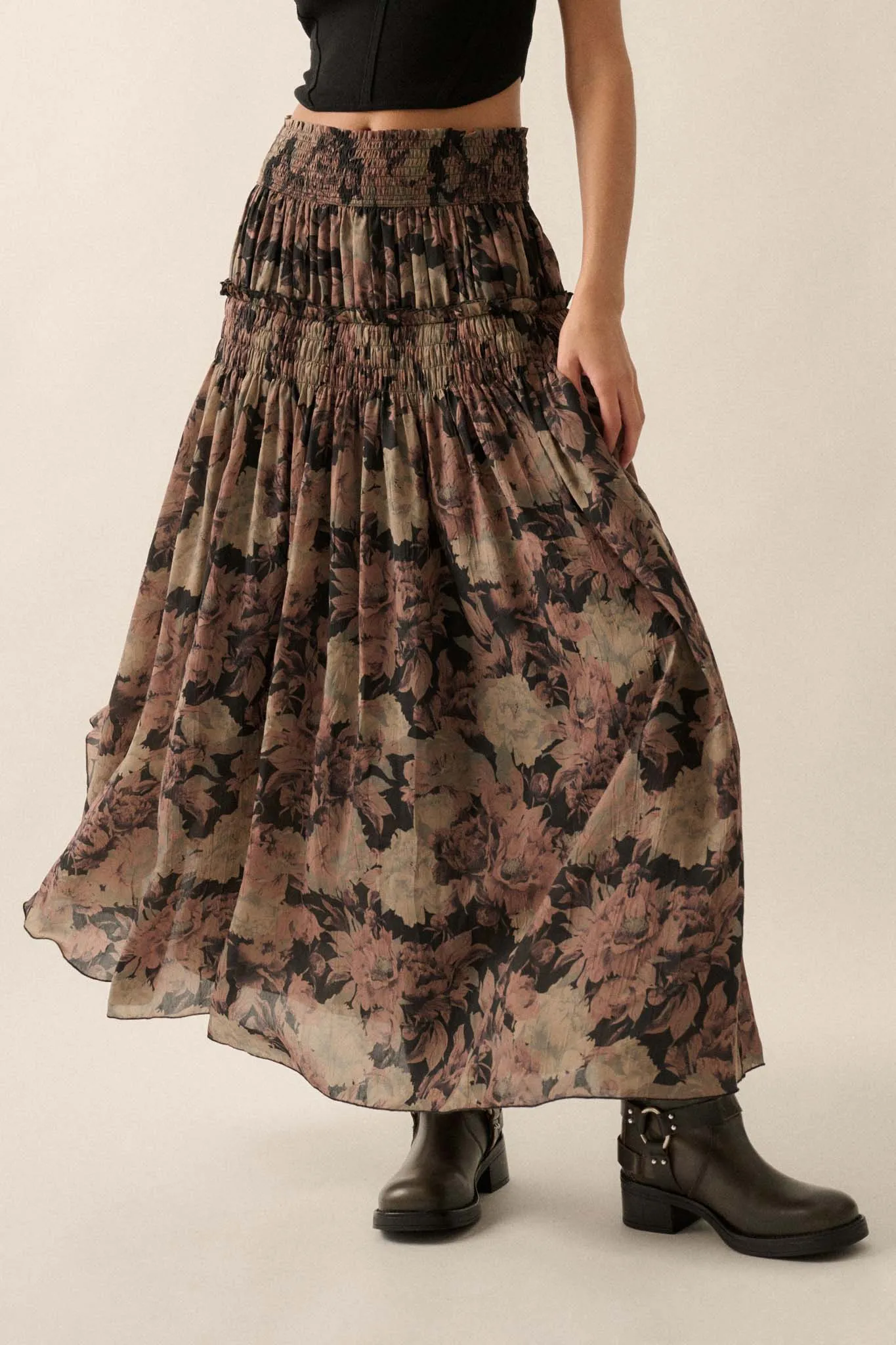 Blossoms Twirl Smocked Floral Maxi Skirt