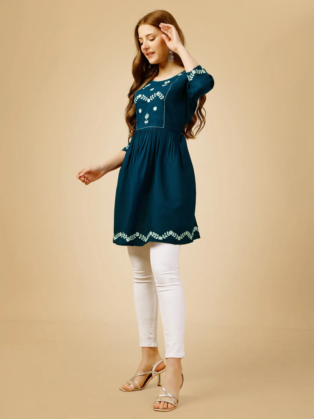 Blue Heavy Rayon with Embroidery & Sequence Work Western Top Kurti