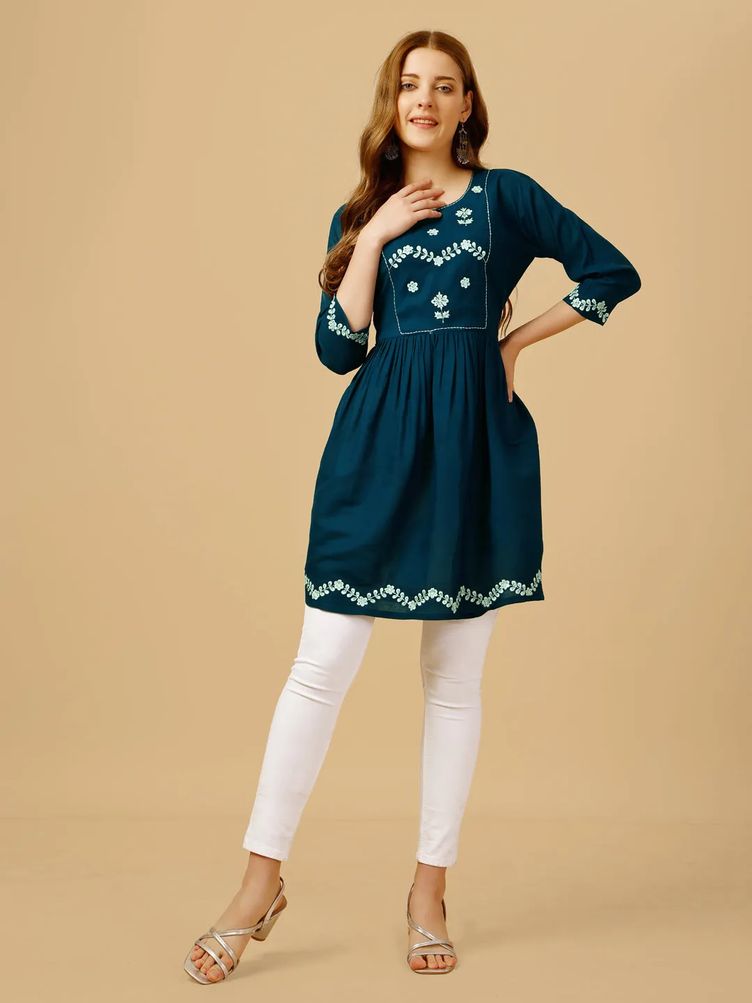 Blue Heavy Rayon with Embroidery & Sequence Work Western Top Kurti
