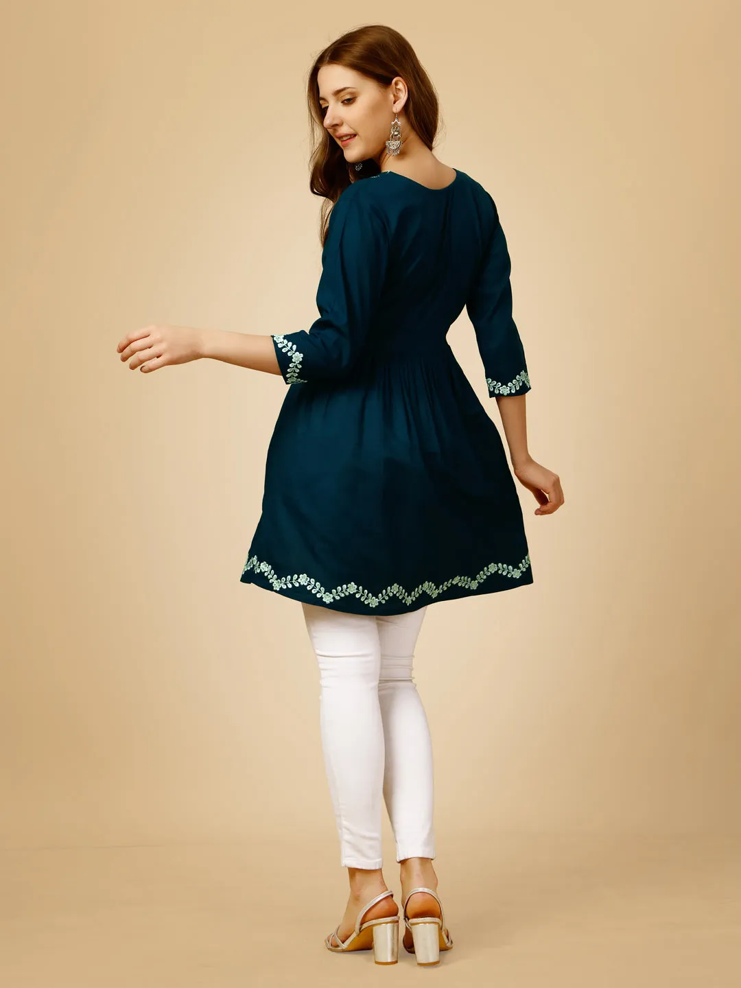 Blue Heavy Rayon with Embroidery & Sequence Work Western Top Kurti