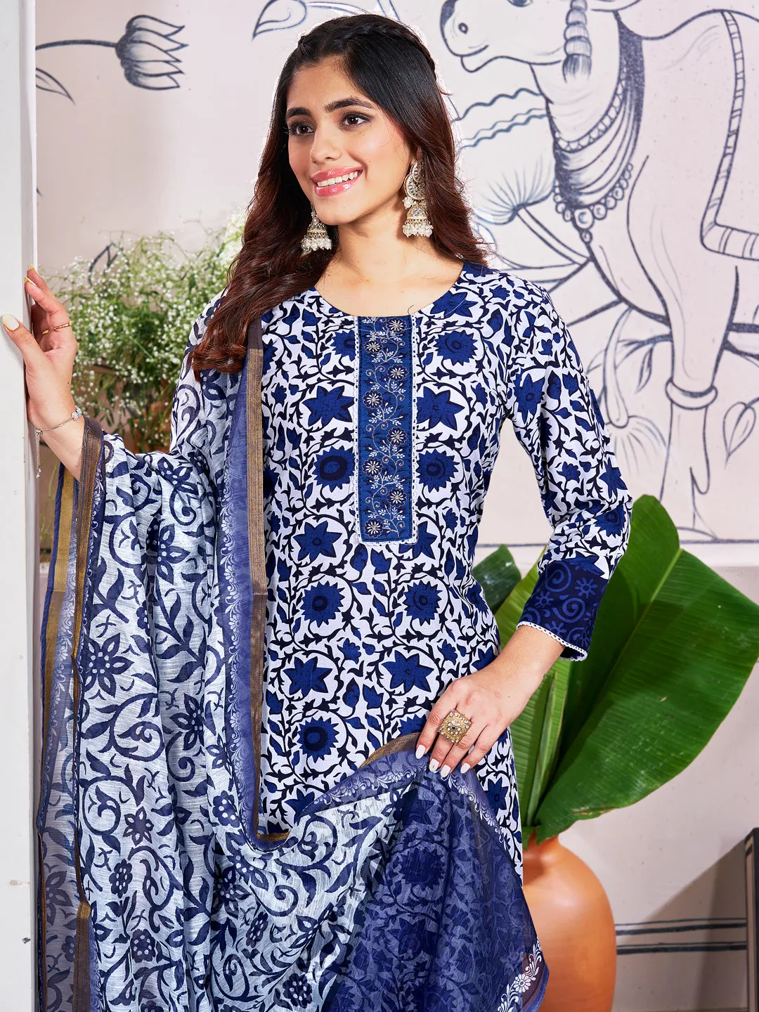 Blue Rayon Print with Embroidery & Fancy Lace Work Kurti Set