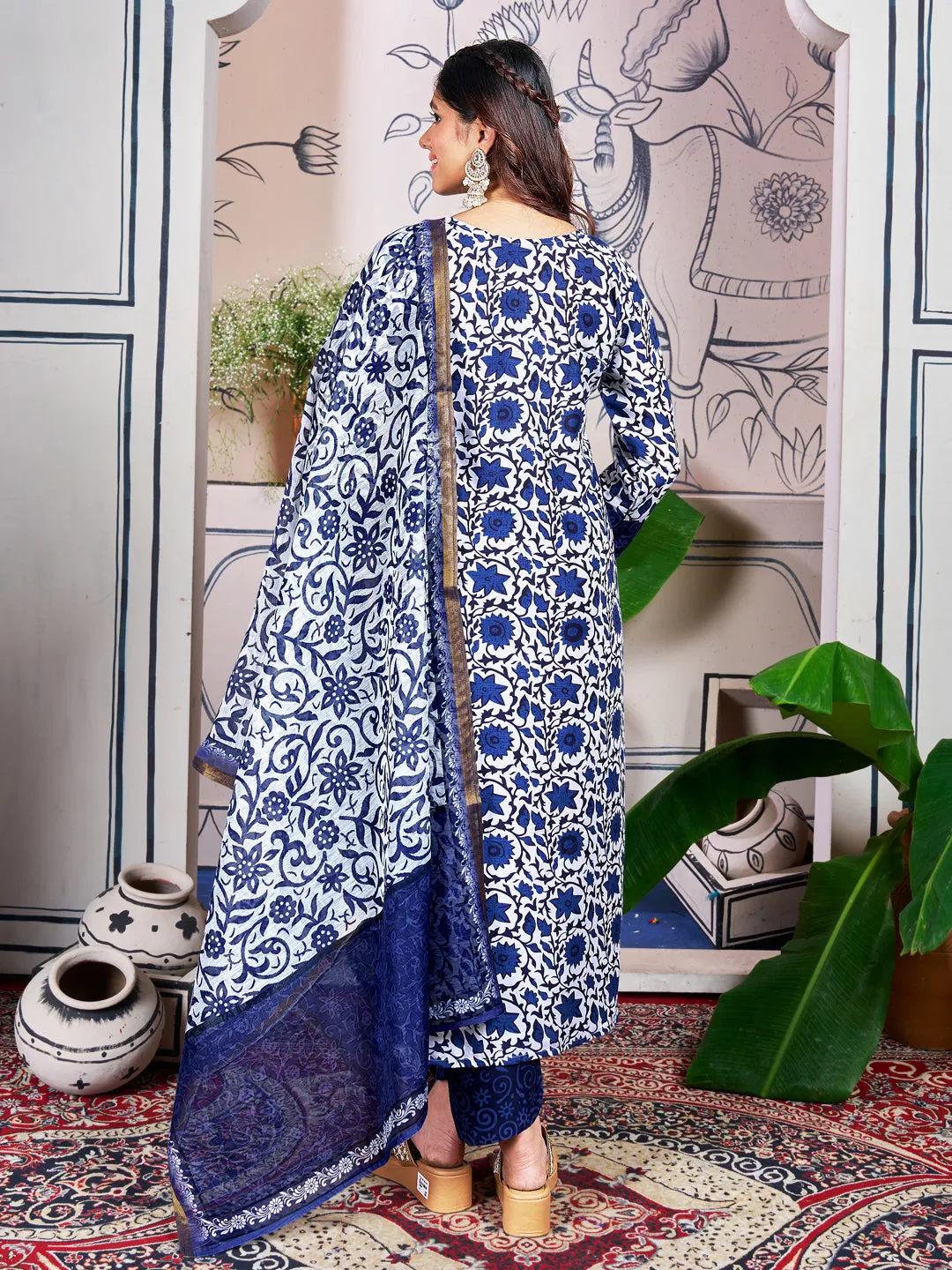 Blue Rayon Print with Embroidery & Fancy Lace Work Kurti Set