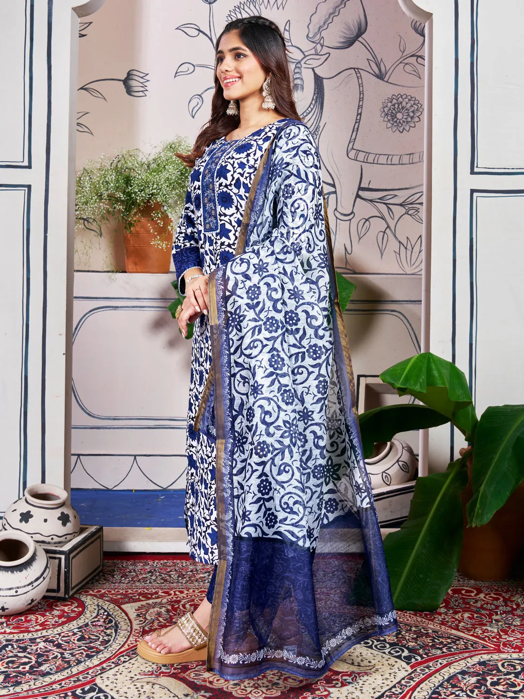Blue Rayon Print with Embroidery & Fancy Lace Work Kurti Set