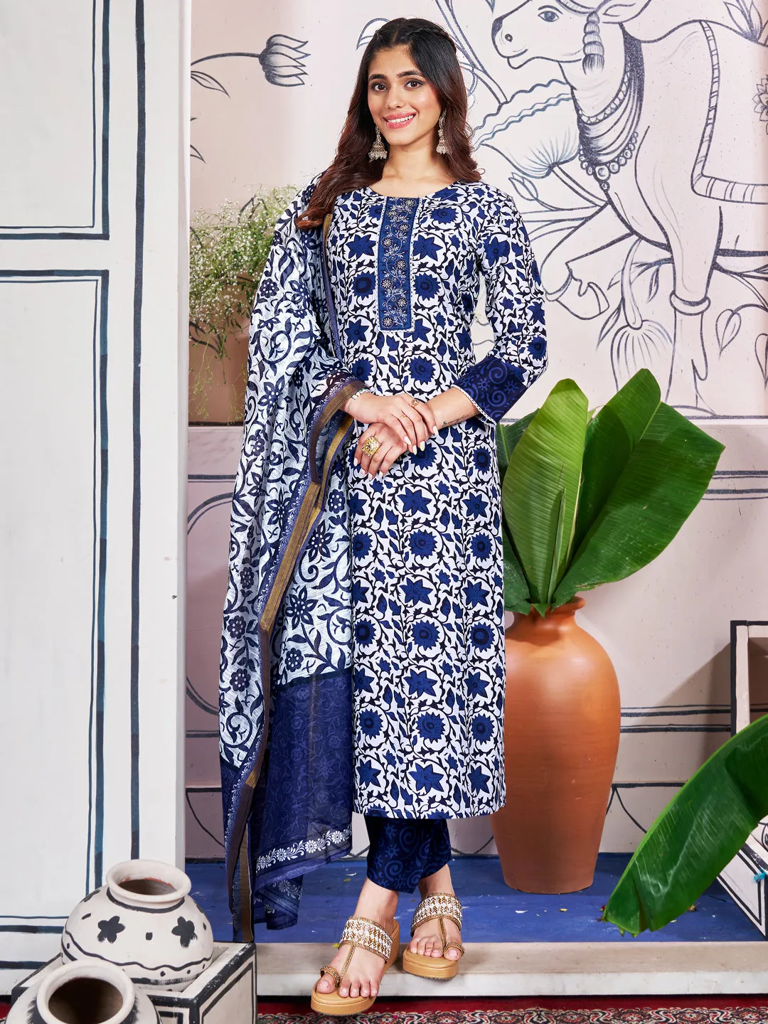 Blue Rayon Print with Embroidery & Fancy Lace Work Kurti Set
