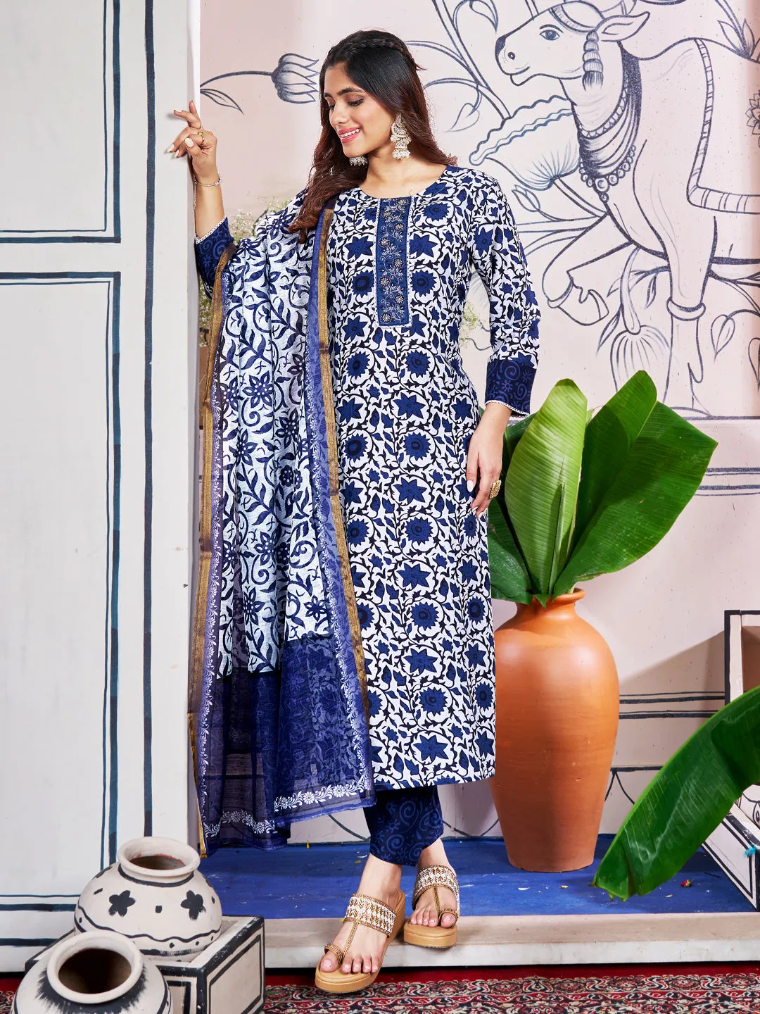 Blue Rayon Print with Embroidery & Fancy Lace Work Kurti Set