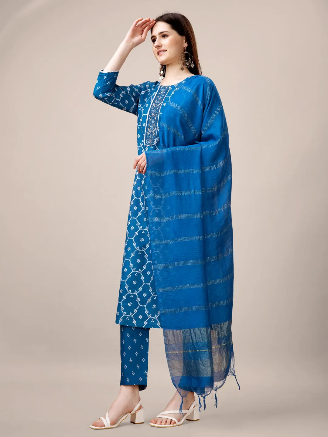 Blue Rayon Print with Embroidery & Sequence Work Kurti Set