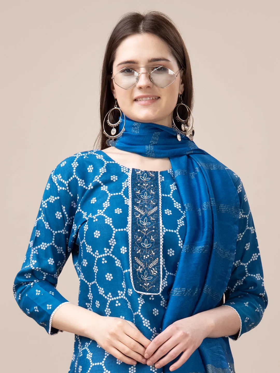 Blue Rayon Print with Embroidery & Sequence Work Kurti Set
