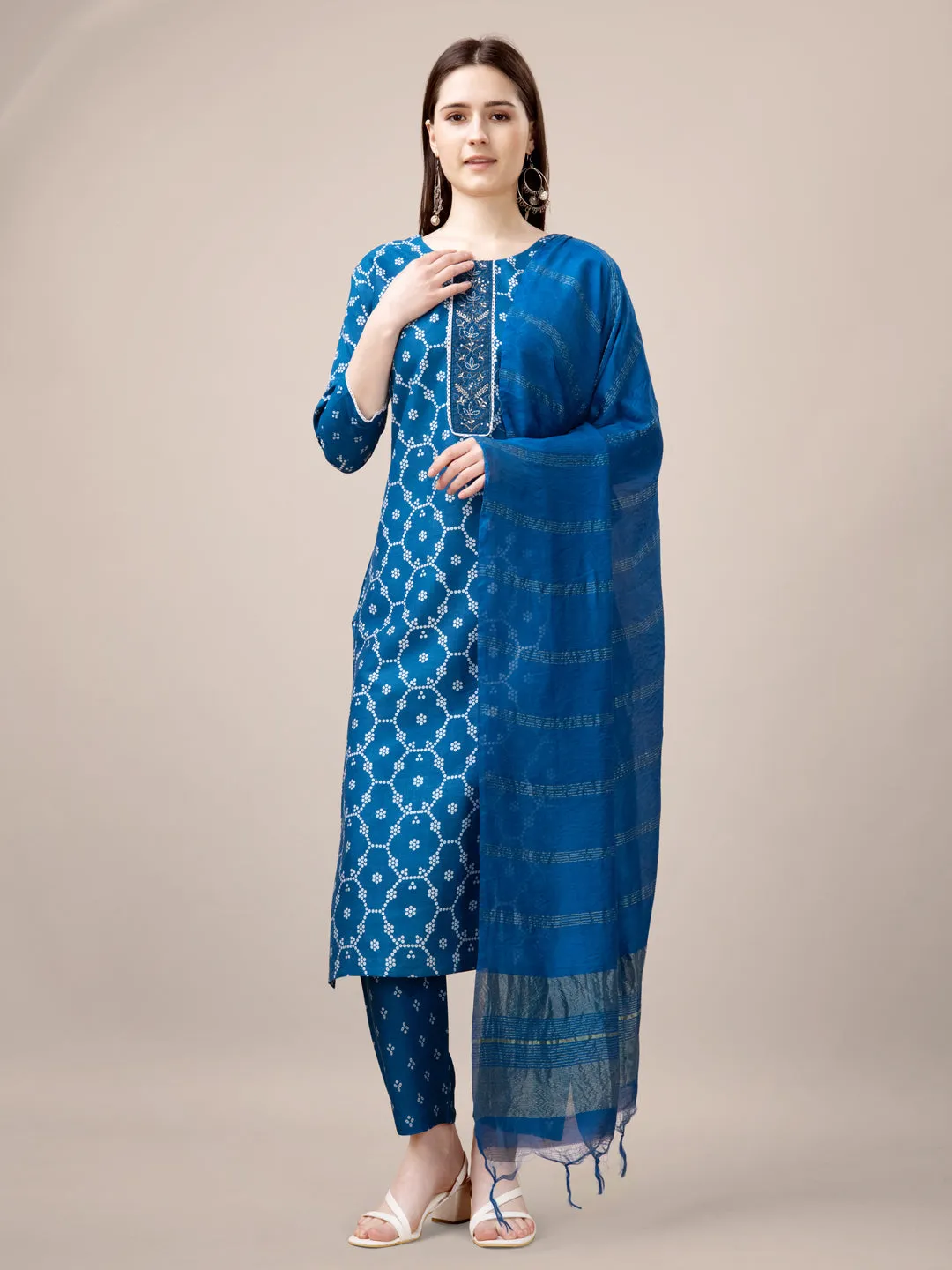 Blue Rayon Print with Embroidery & Sequence Work Kurti Set