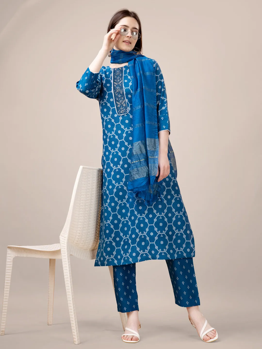 Blue Rayon Print with Embroidery & Sequence Work Kurti Set