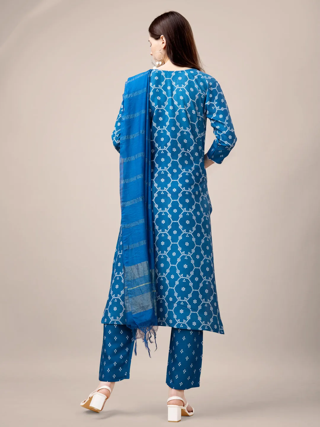 Blue Rayon Print with Embroidery & Sequence Work Kurti Set