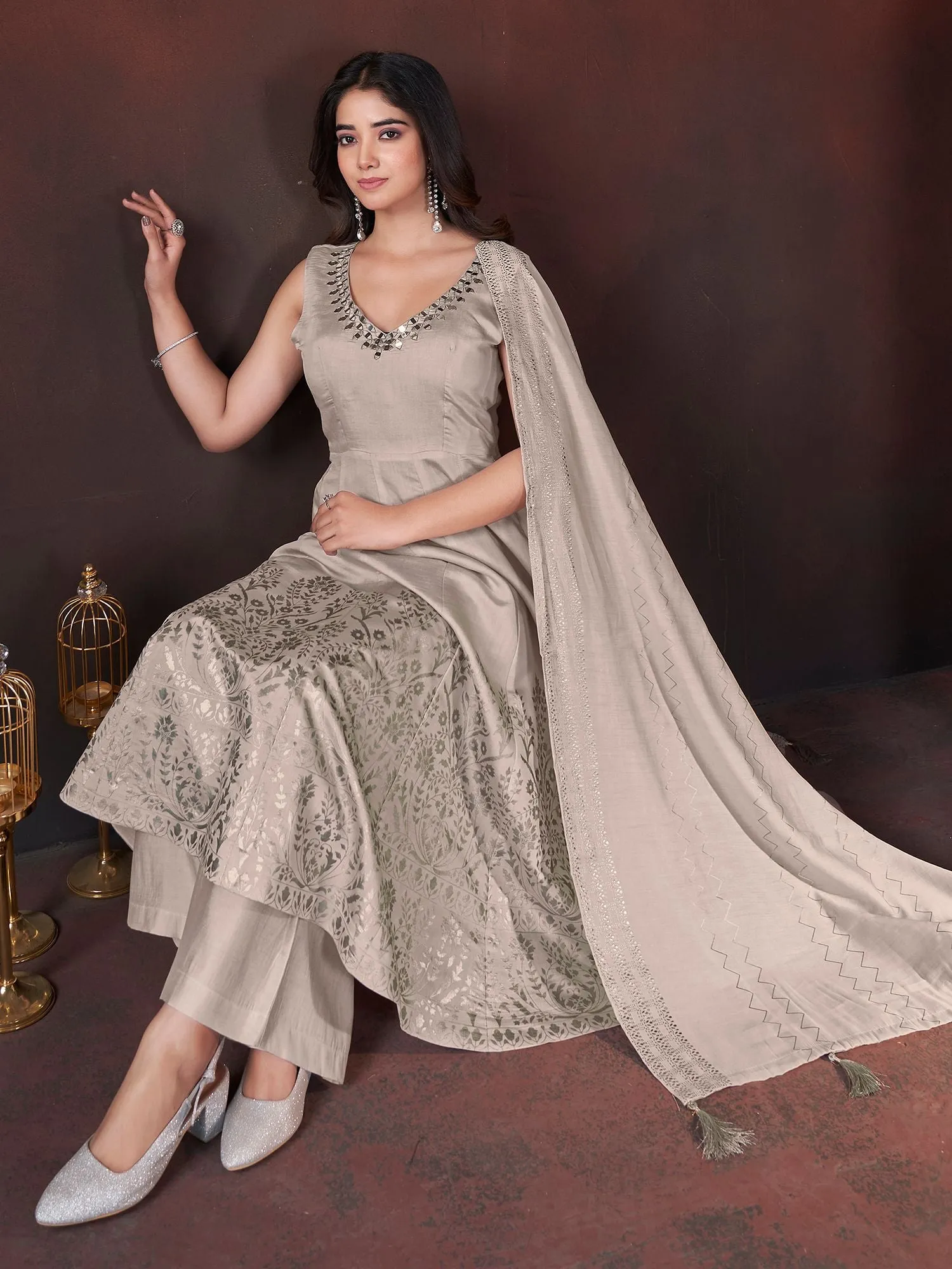 Chiku Colour Pure Roman Silk Readymade Salwar Suit With Foil Print, Mirror And Thread Work Anarkali Salwar Suit