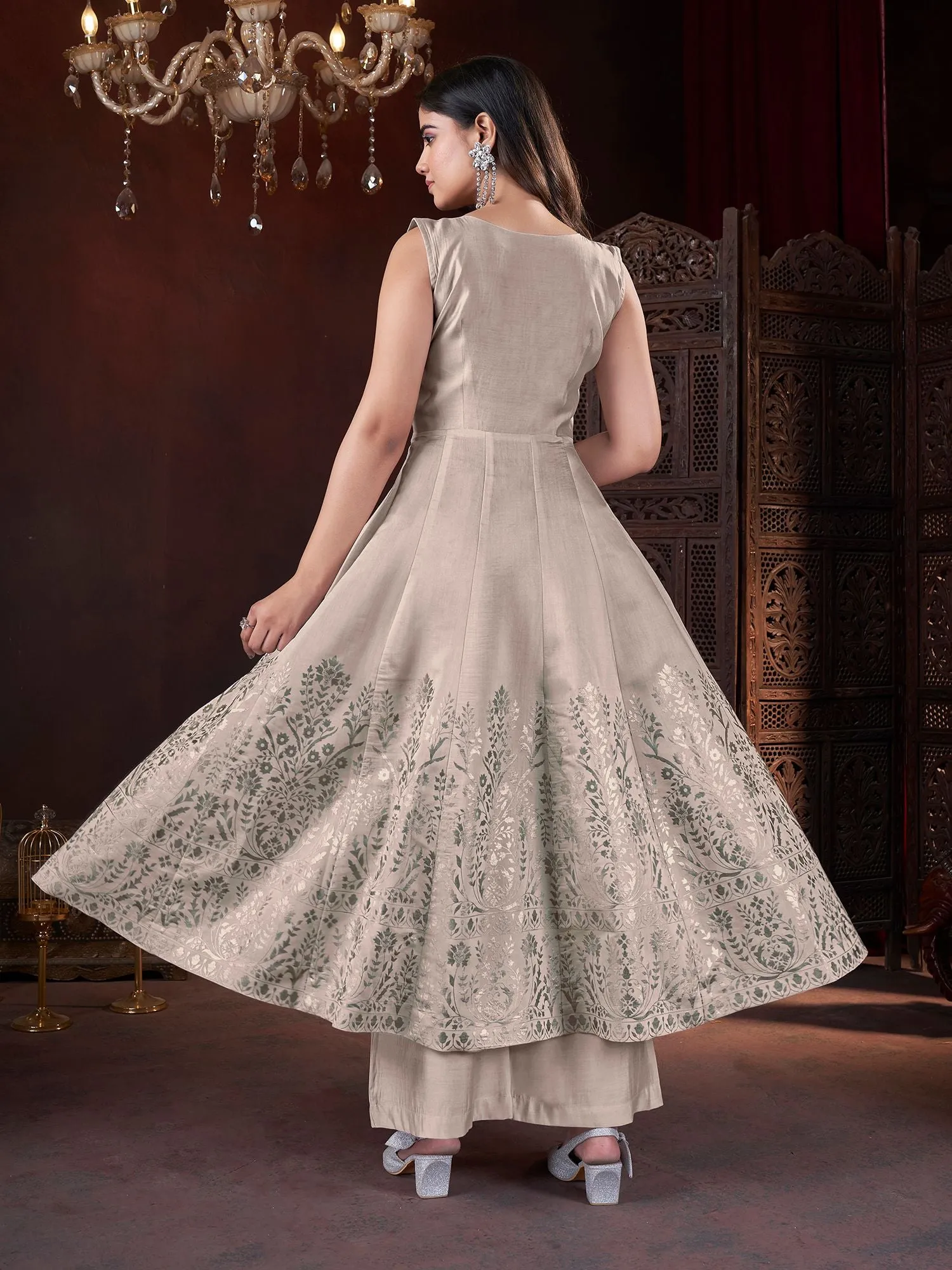 Chiku Colour Pure Roman Silk Readymade Salwar Suit With Foil Print, Mirror And Thread Work Anarkali Salwar Suit