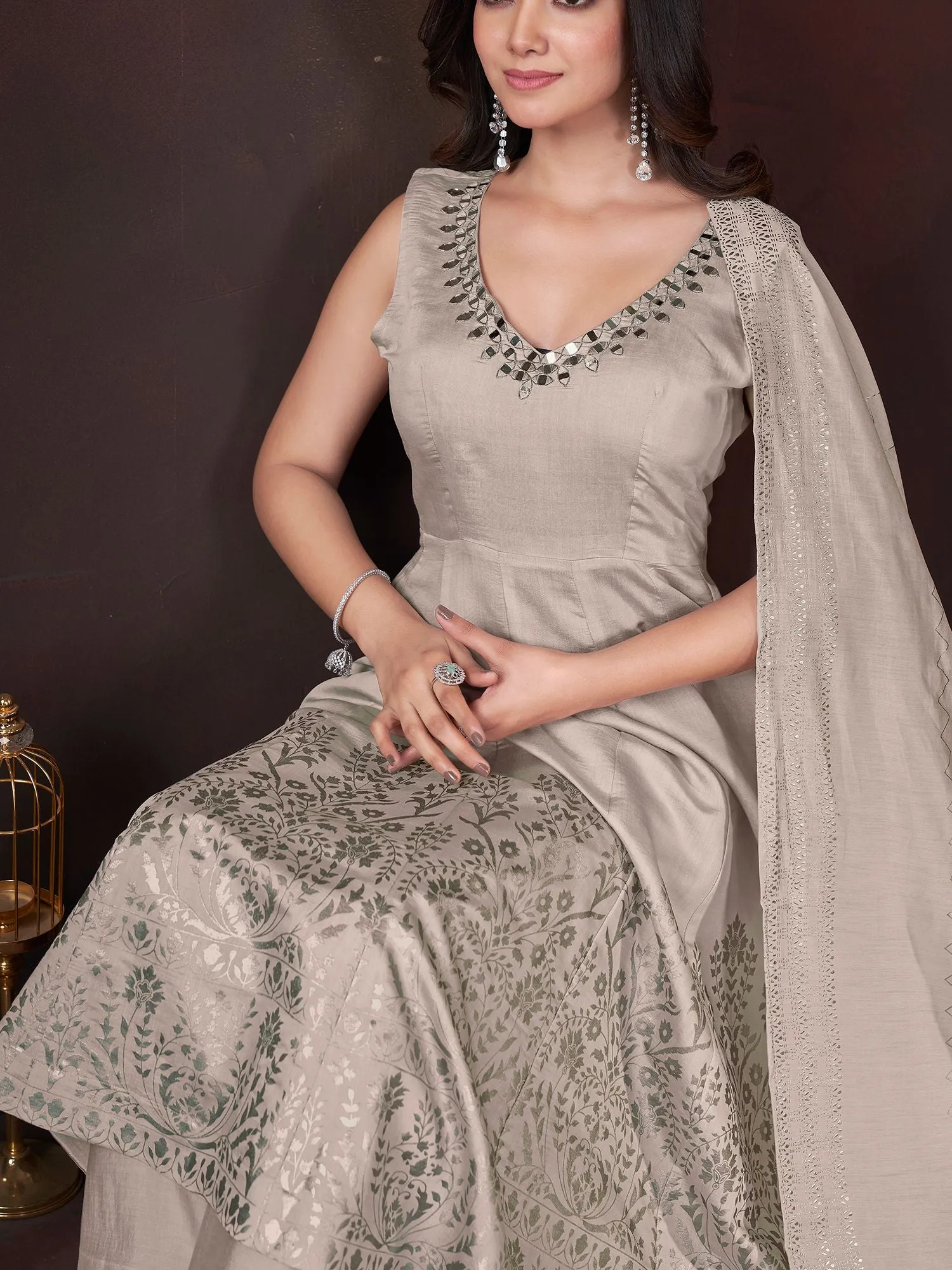Chiku Colour Pure Roman Silk Readymade Salwar Suit With Foil Print, Mirror And Thread Work Anarkali Salwar Suit
