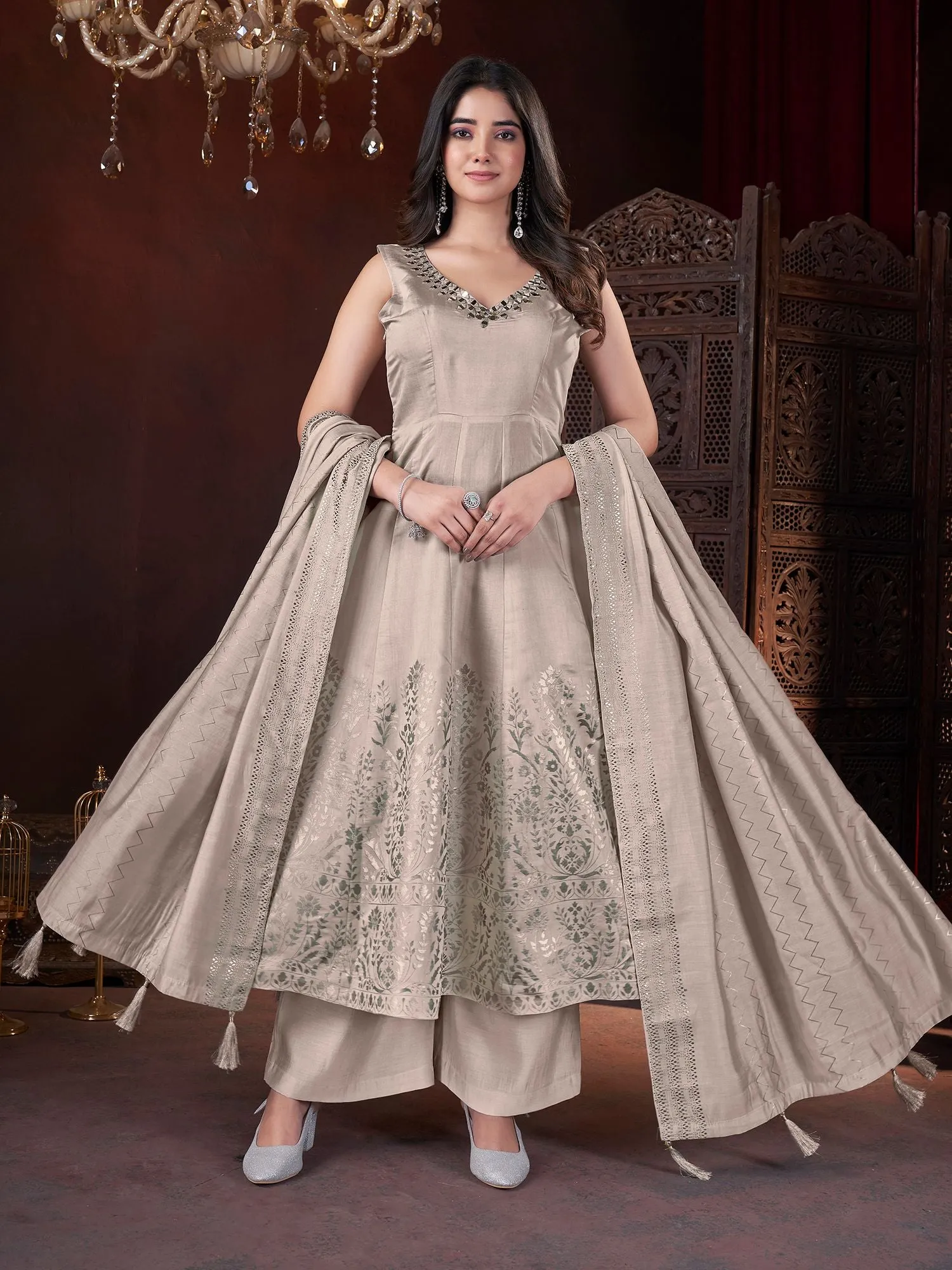 Chiku Colour Pure Roman Silk Readymade Salwar Suit With Foil Print, Mirror And Thread Work Anarkali Salwar Suit