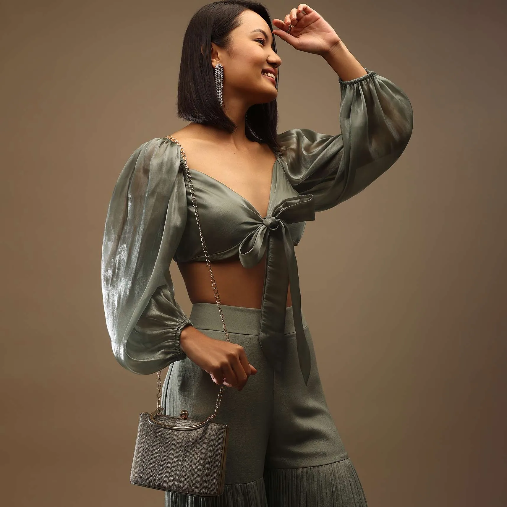 Chino's Green Bow Tie Blouse In Plunging V Neckline Bishop Sleeves, Side Zip Closure