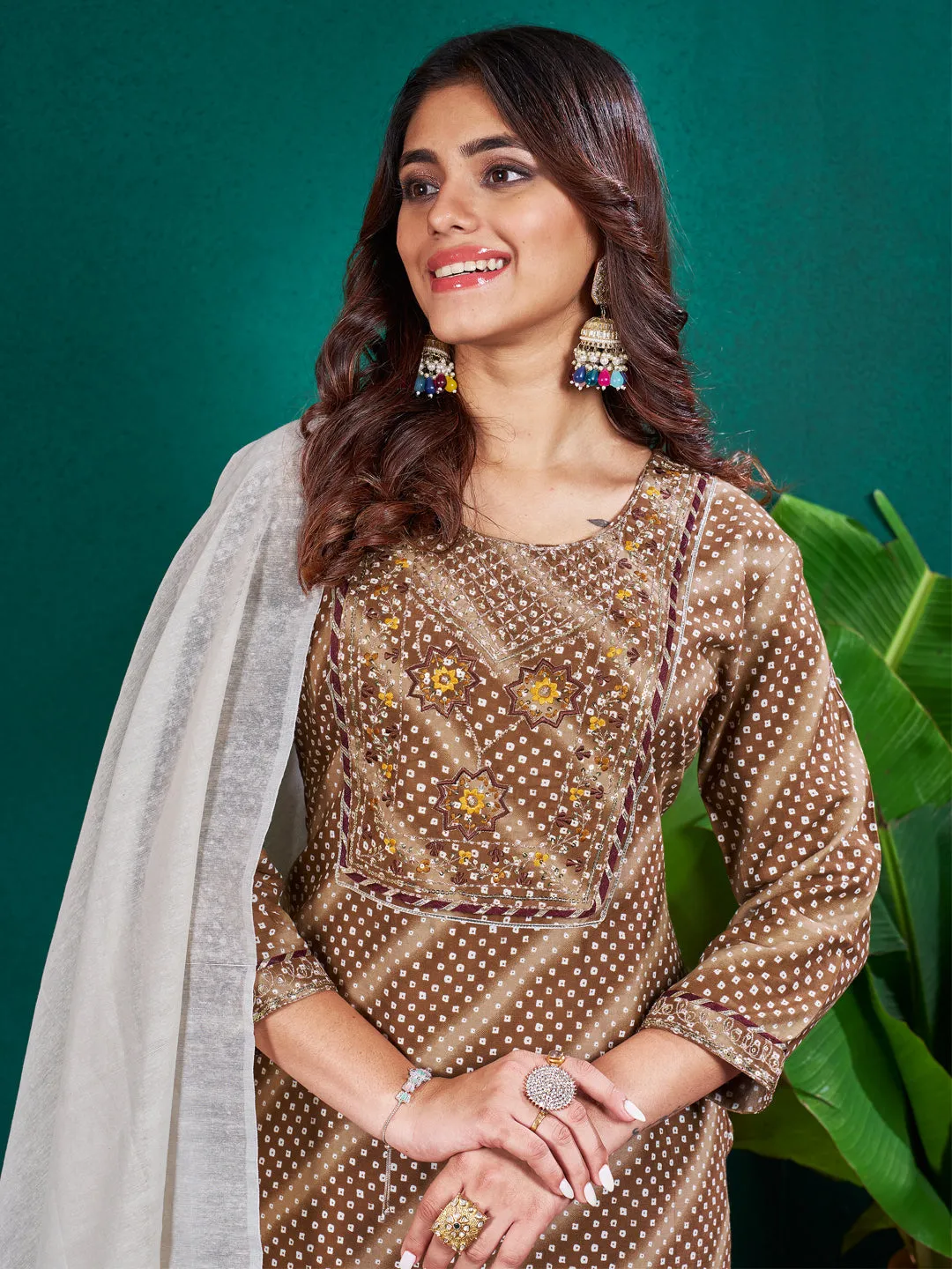 Coffee Rayon Print with Embroidery & Sequence Work Kurti Set