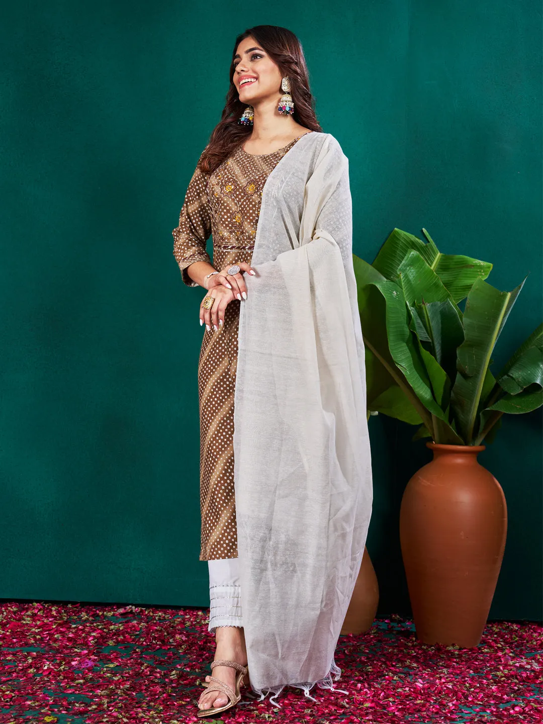 Coffee Rayon Print with Embroidery & Sequence Work Kurti Set