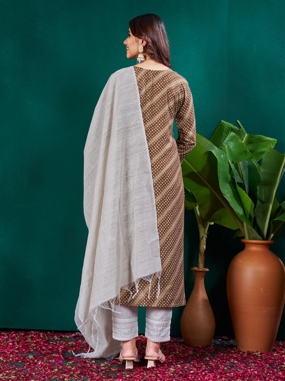 Coffee Rayon Print with Embroidery & Sequence Work Kurti Set