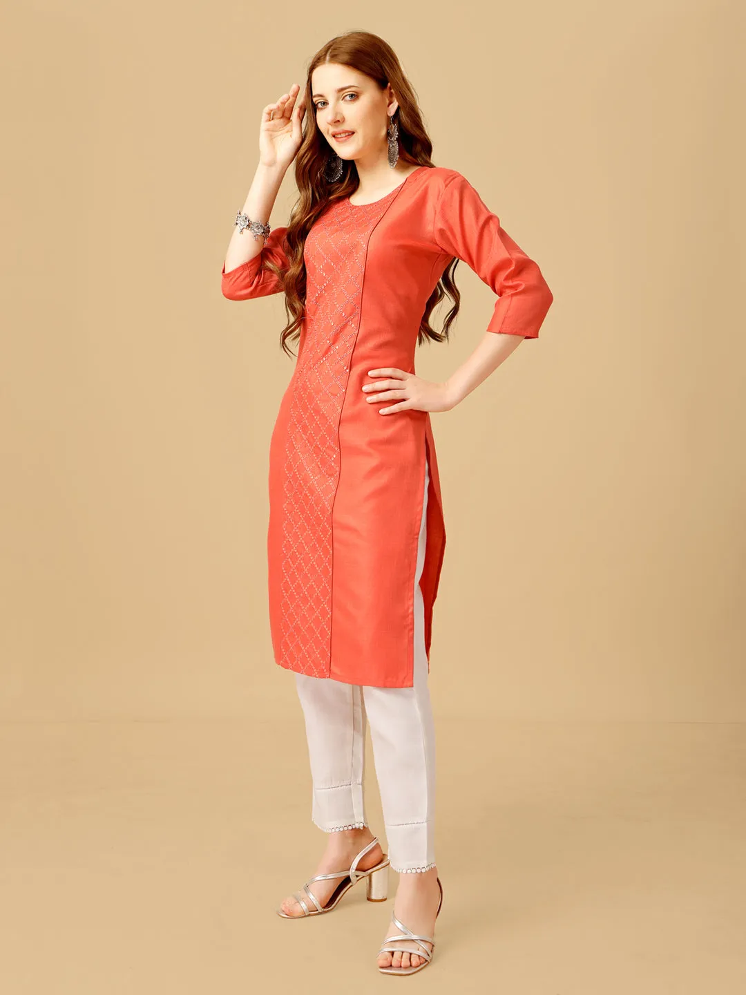 Coral Heavy Rayon Cotton with Embroidery Work Kurti Set