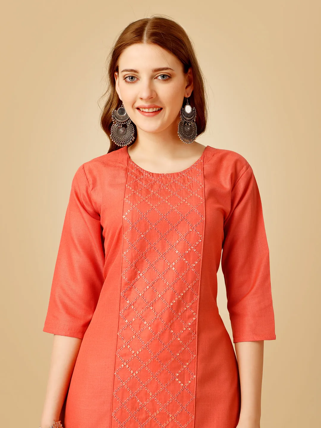 Coral Heavy Rayon Cotton with Embroidery Work Kurti Set