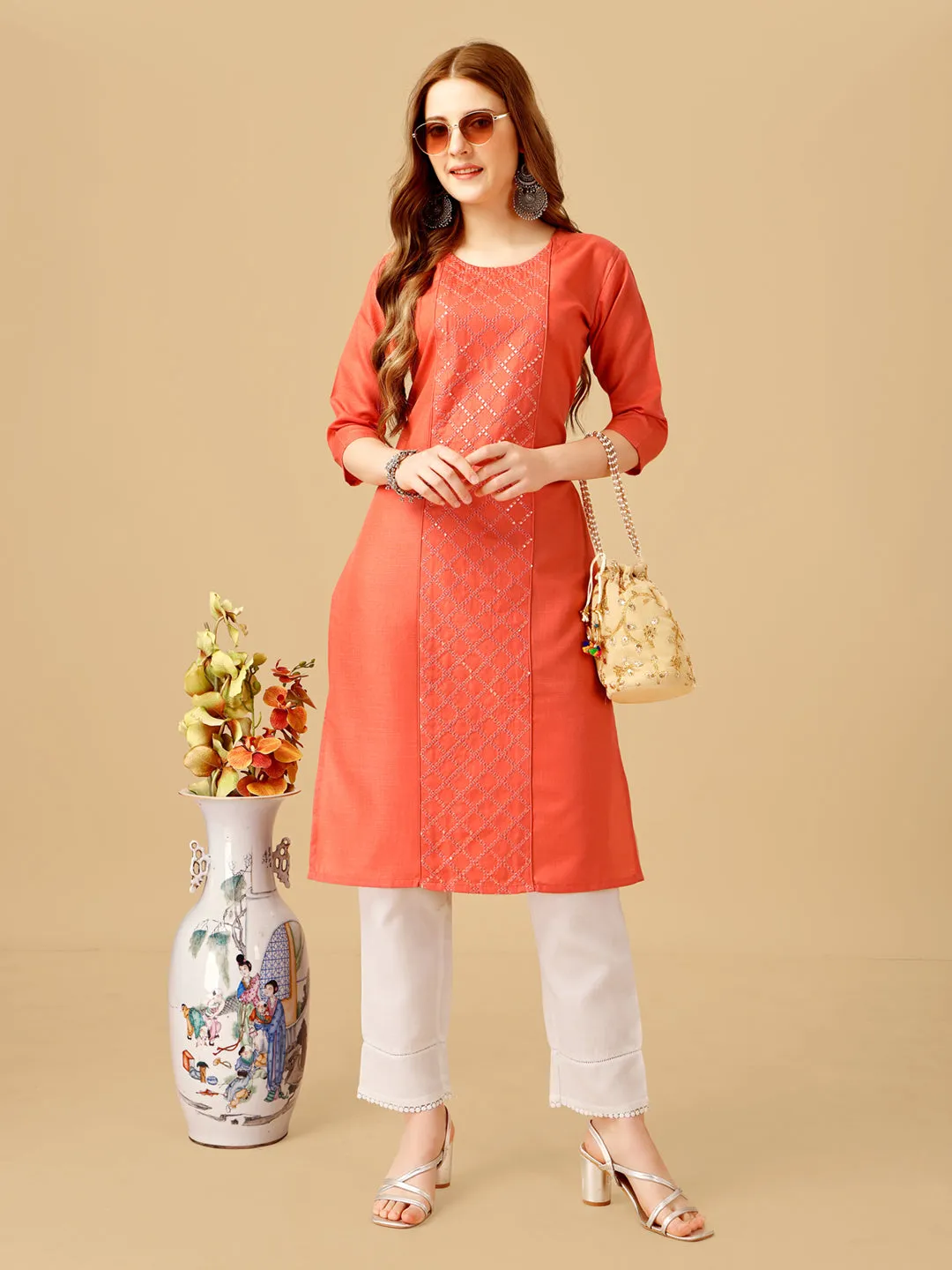 Coral Heavy Rayon Cotton with Embroidery Work Kurti Set