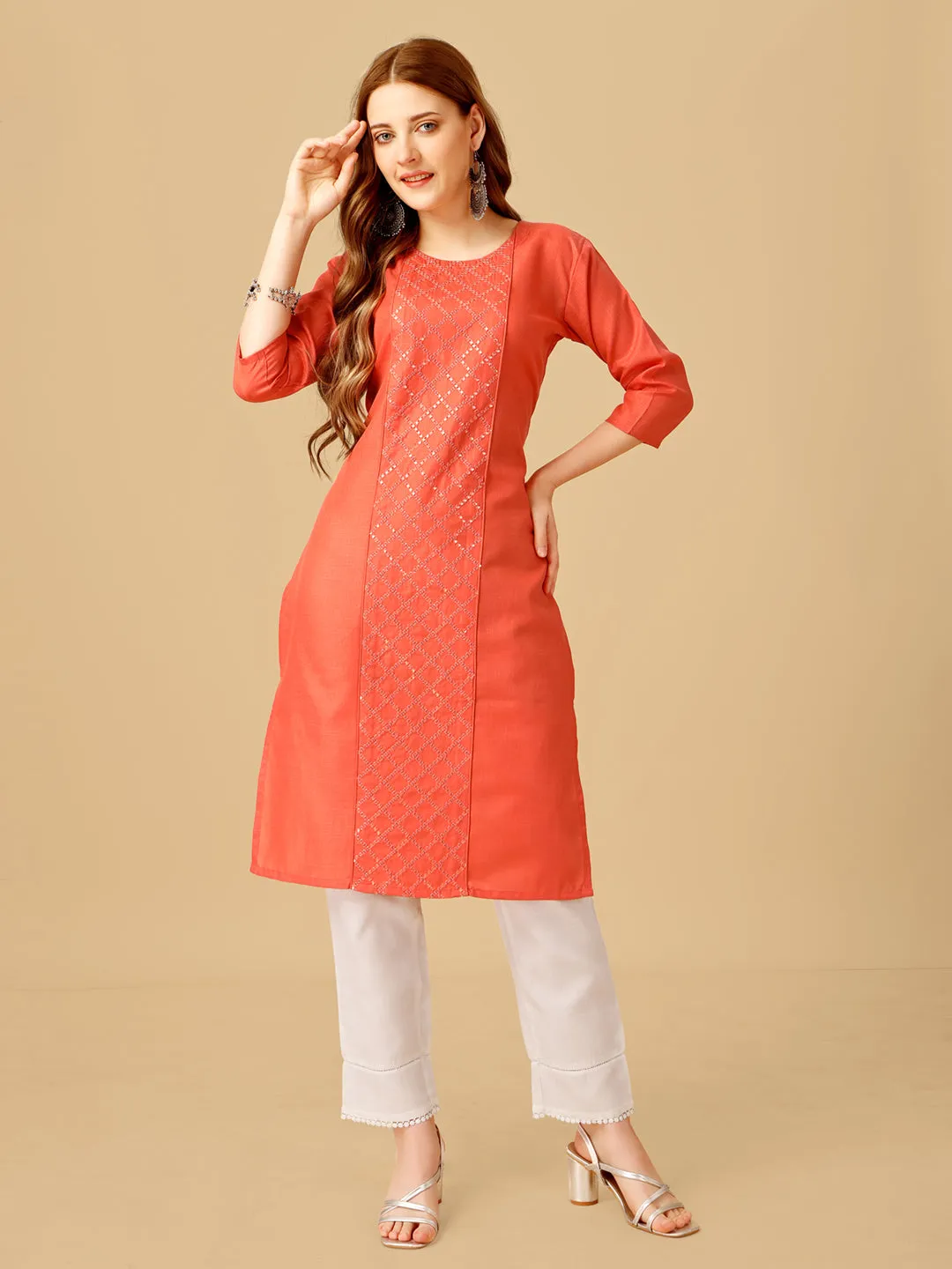 Coral Heavy Rayon Cotton with Embroidery Work Kurti Set