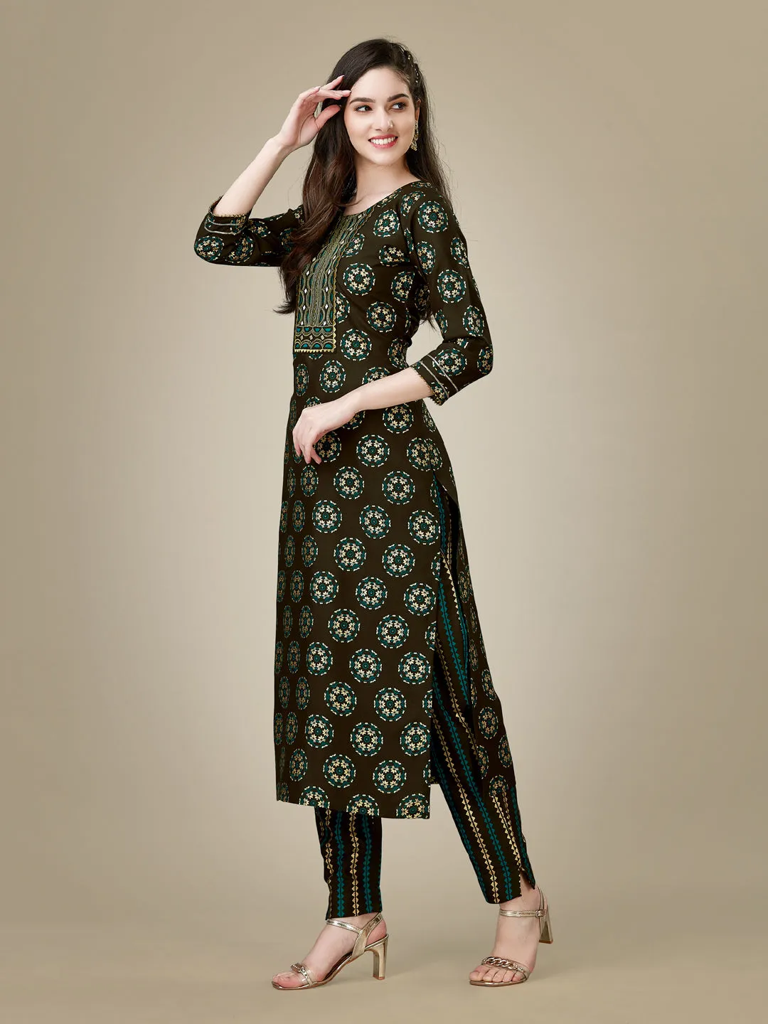 Dark Coffee Heavy Rayon Cotton with Embroidery Work Kurti Set