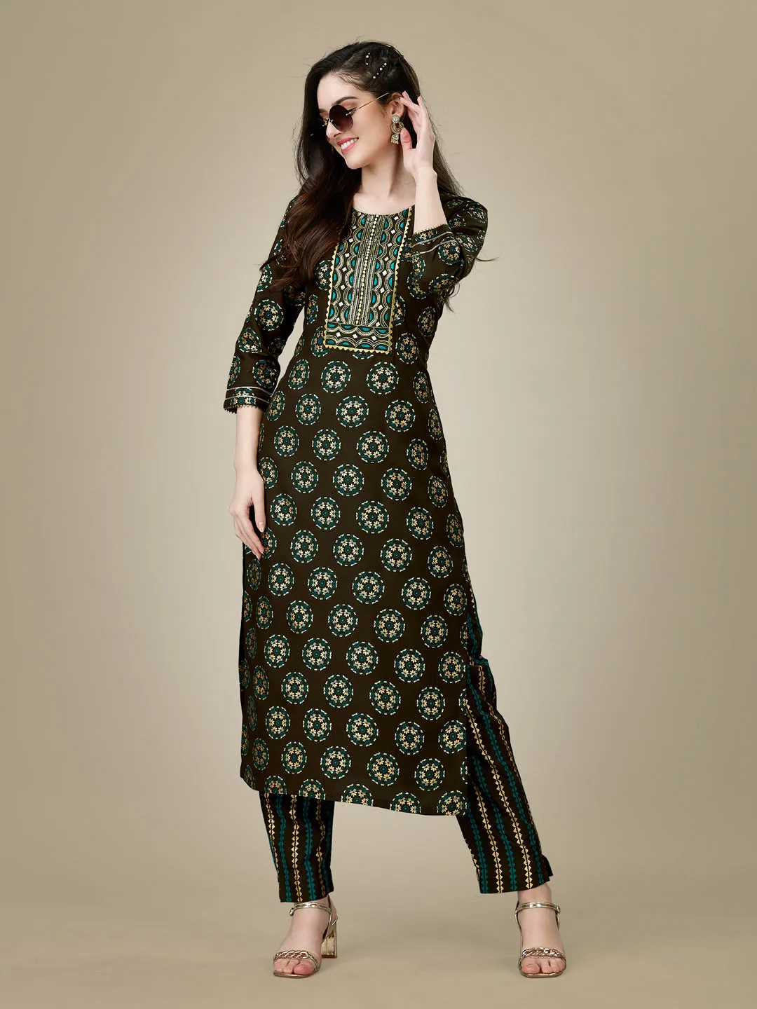 Dark Coffee Heavy Rayon Cotton with Embroidery Work Kurti Set