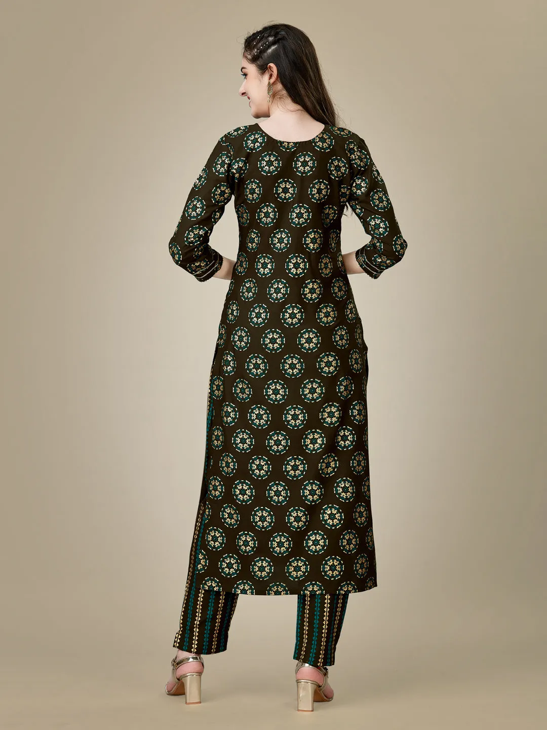 Dark Coffee Heavy Rayon Cotton with Embroidery Work Kurti Set