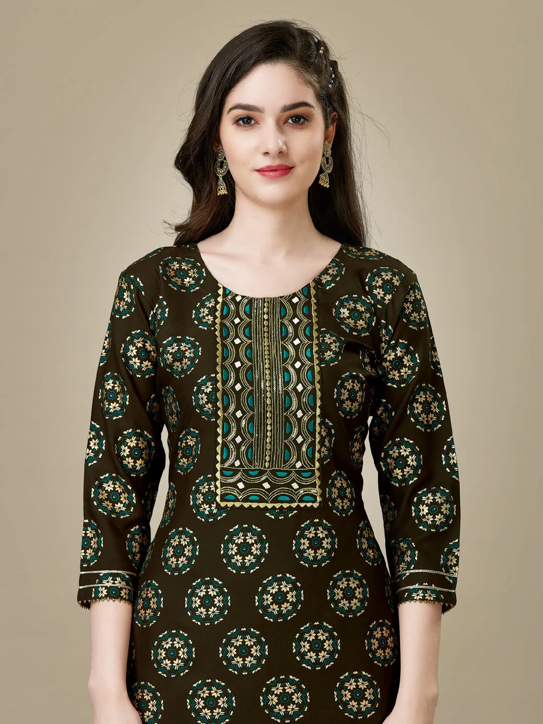 Dark Coffee Heavy Rayon Cotton with Embroidery Work Kurti Set