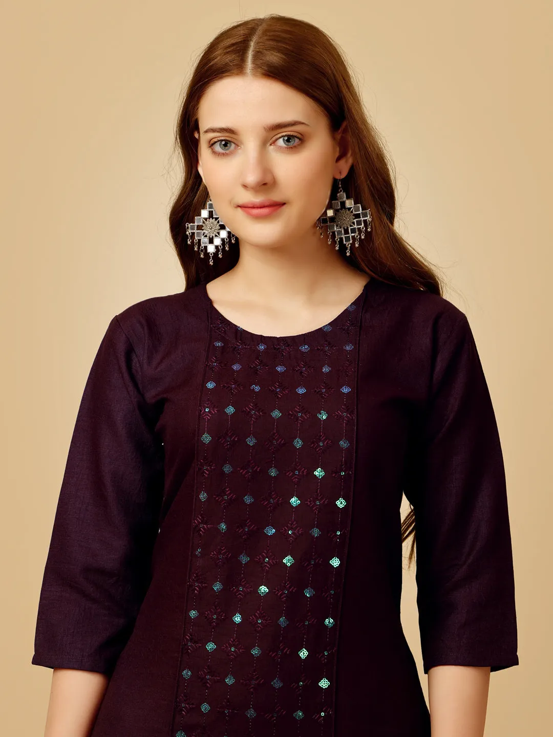 Dark Purple Heavy Rayon Cotton with Embroidery Work Kurti Set