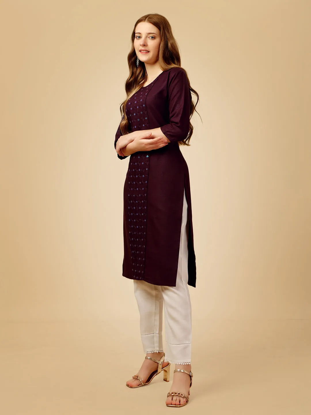 Dark Purple Heavy Rayon Cotton with Embroidery Work Kurti Set