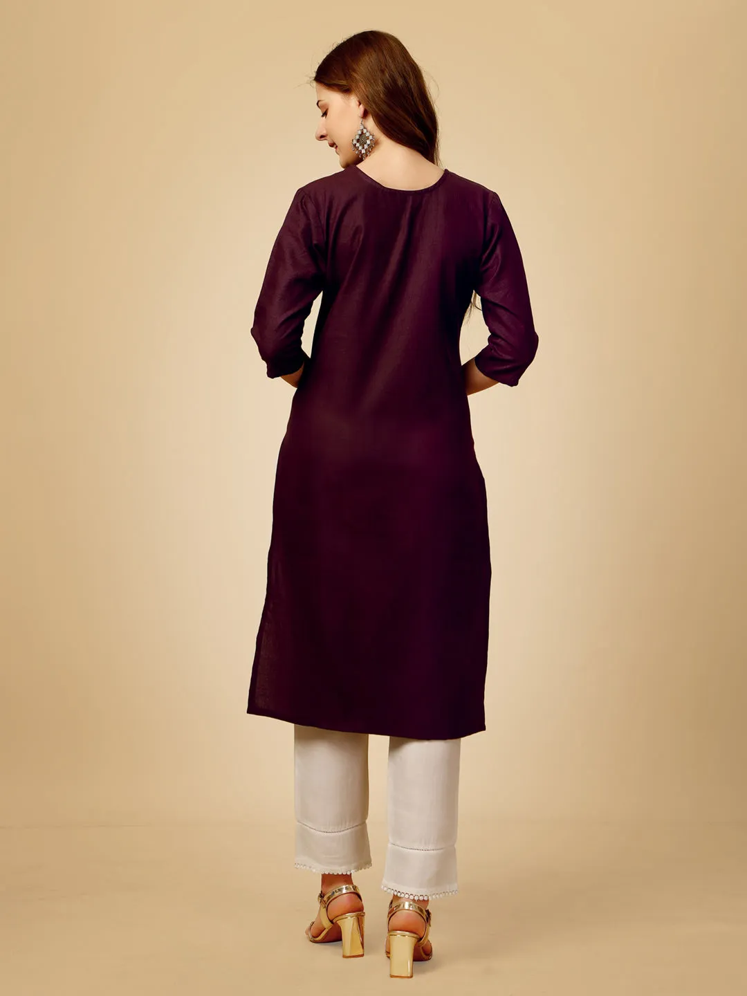 Dark Purple Heavy Rayon Cotton with Embroidery Work Kurti Set