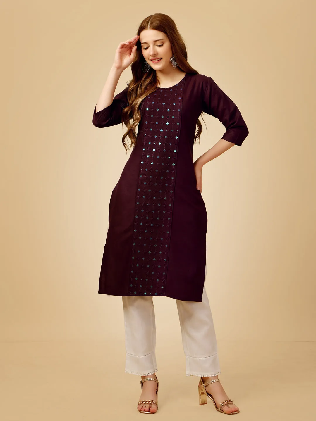 Dark Purple Heavy Rayon Cotton with Embroidery Work Kurti Set
