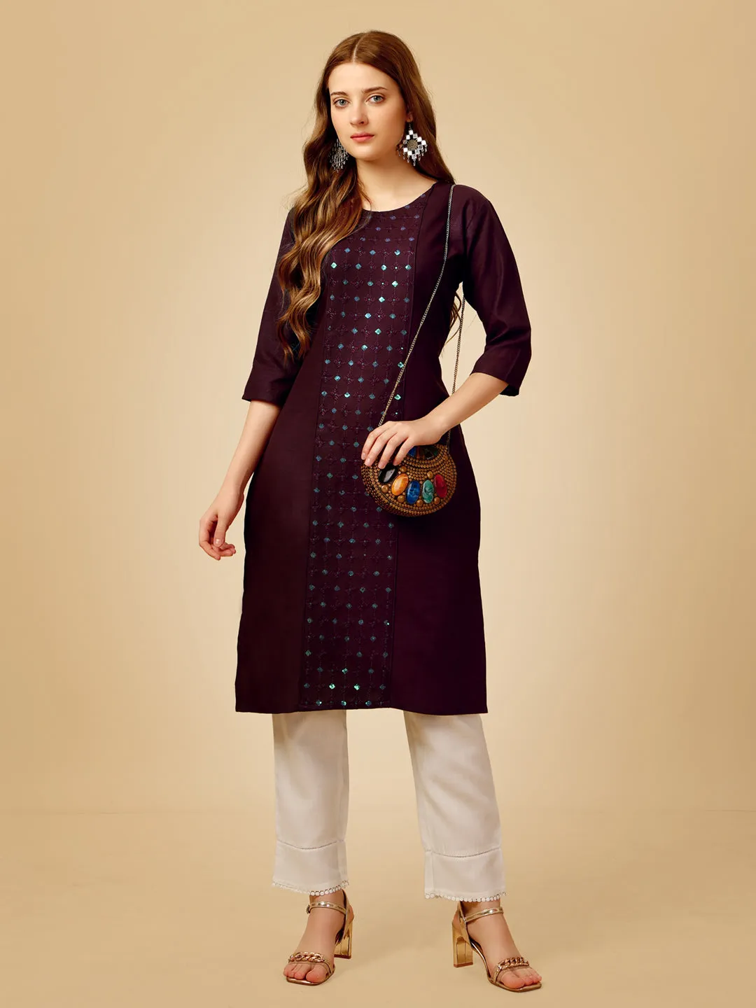 Dark Purple Heavy Rayon Cotton with Embroidery Work Kurti Set