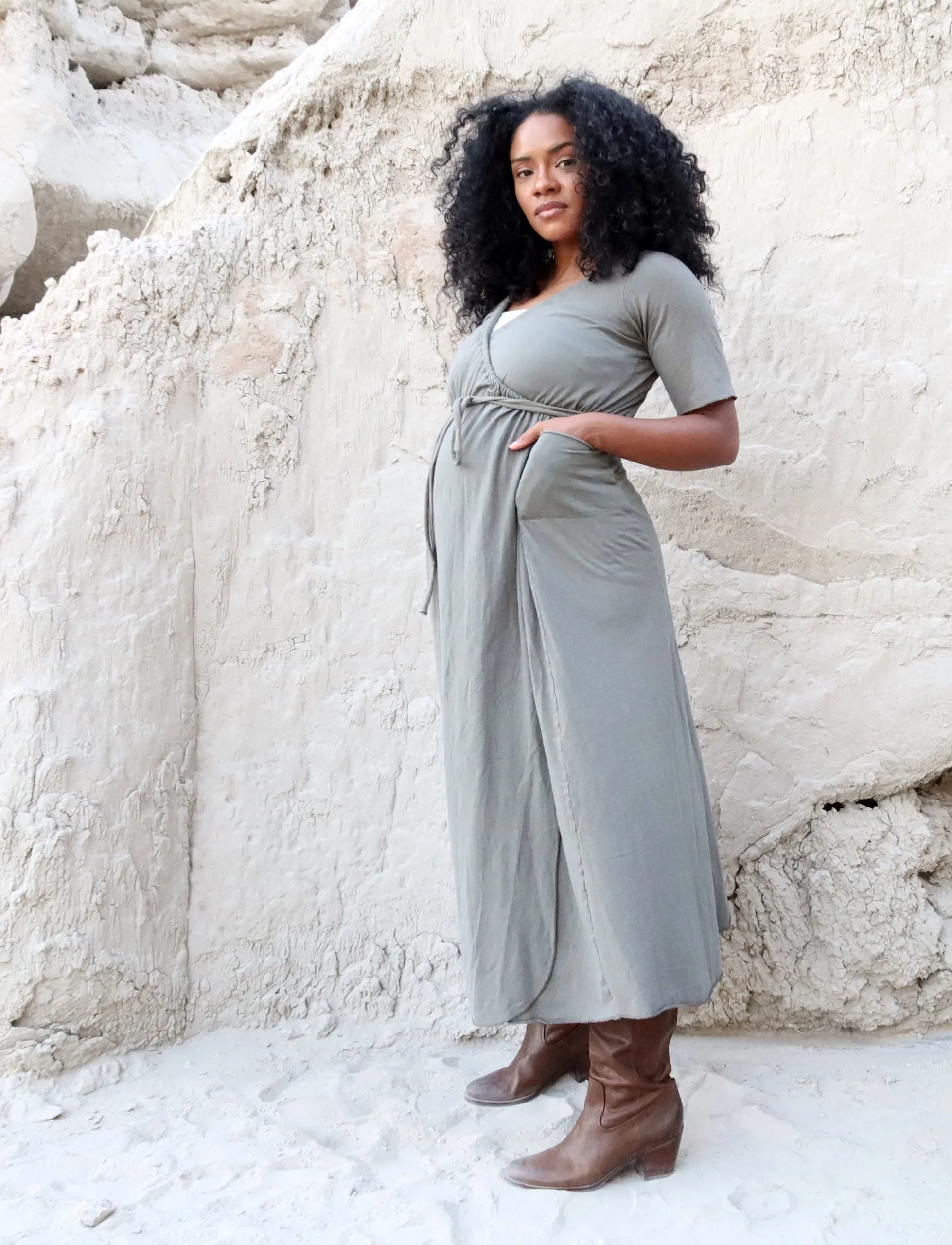 Drawstring Wrap Perfect Pockets Long Dress