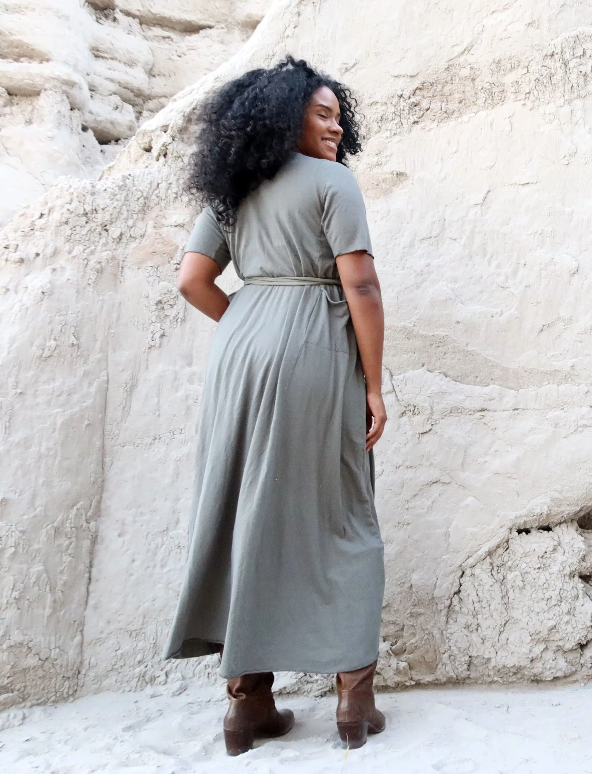 Drawstring Wrap Perfect Pockets Long Dress