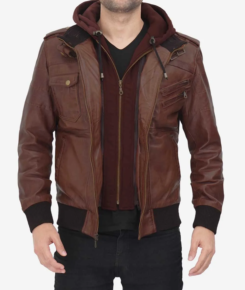 Edinburgh Mens Dark Brown Leather Bomber Jacket With Removable Hood