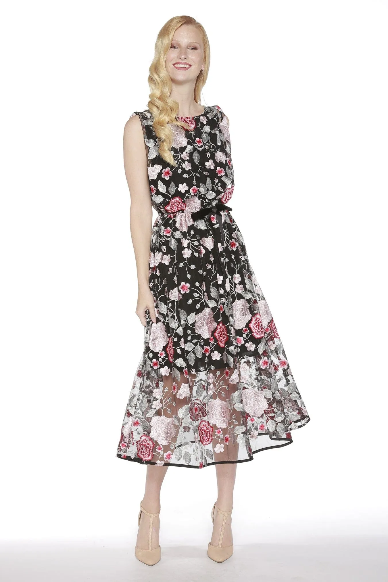 Embroidered Mesh Midi Dress - Floral