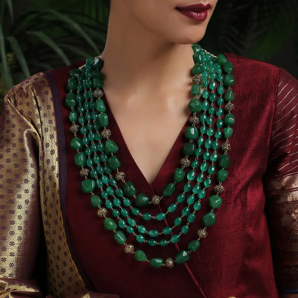 Green Layered Necklace With Four Layers Of Green Stones In A Bohemian Inspired Design By Paisley Pop